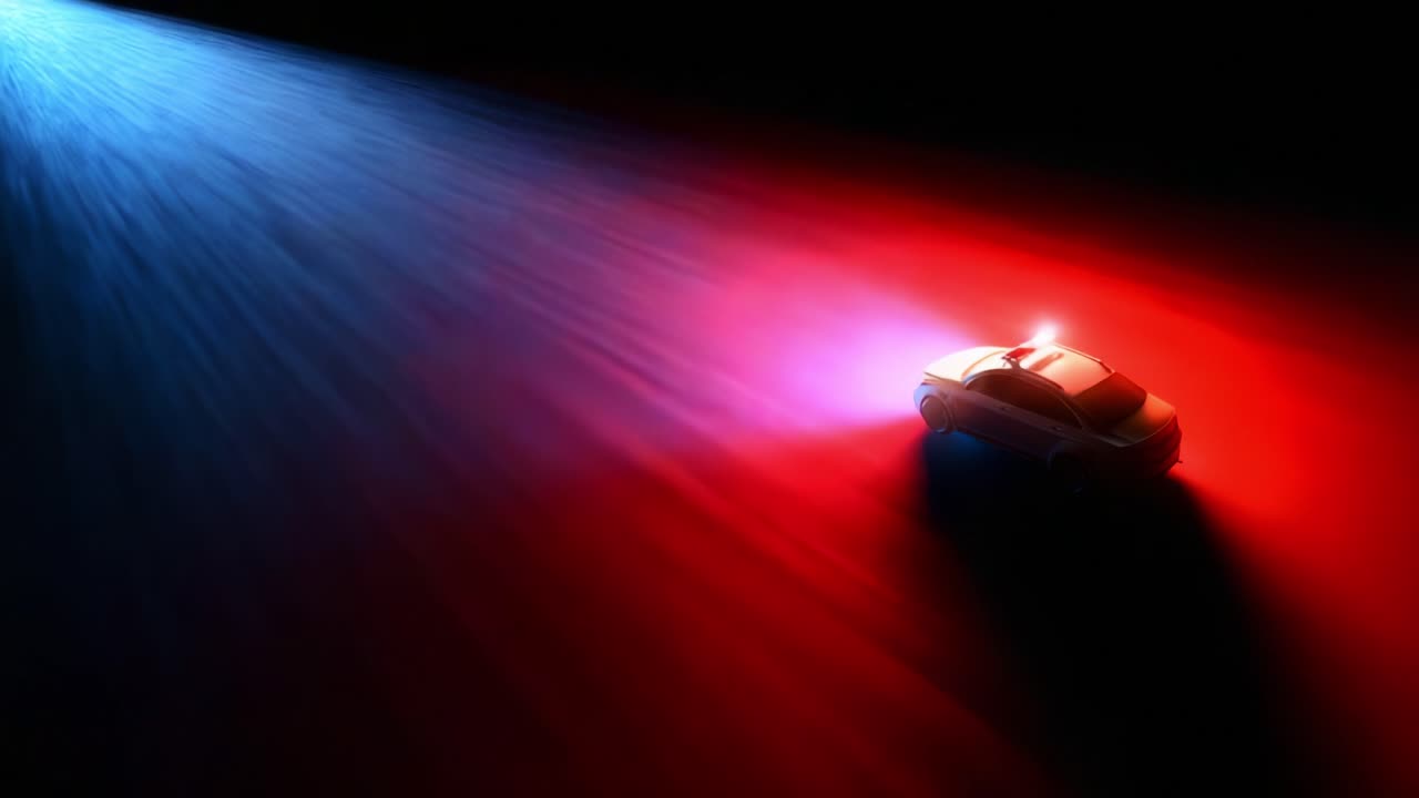 Dynamic Shot of a Police Vehicle in Motion with Flashing Lights, Set Against a Dark Background Creating a High-Contrast Visual Impact Highlighting Emergency Services
