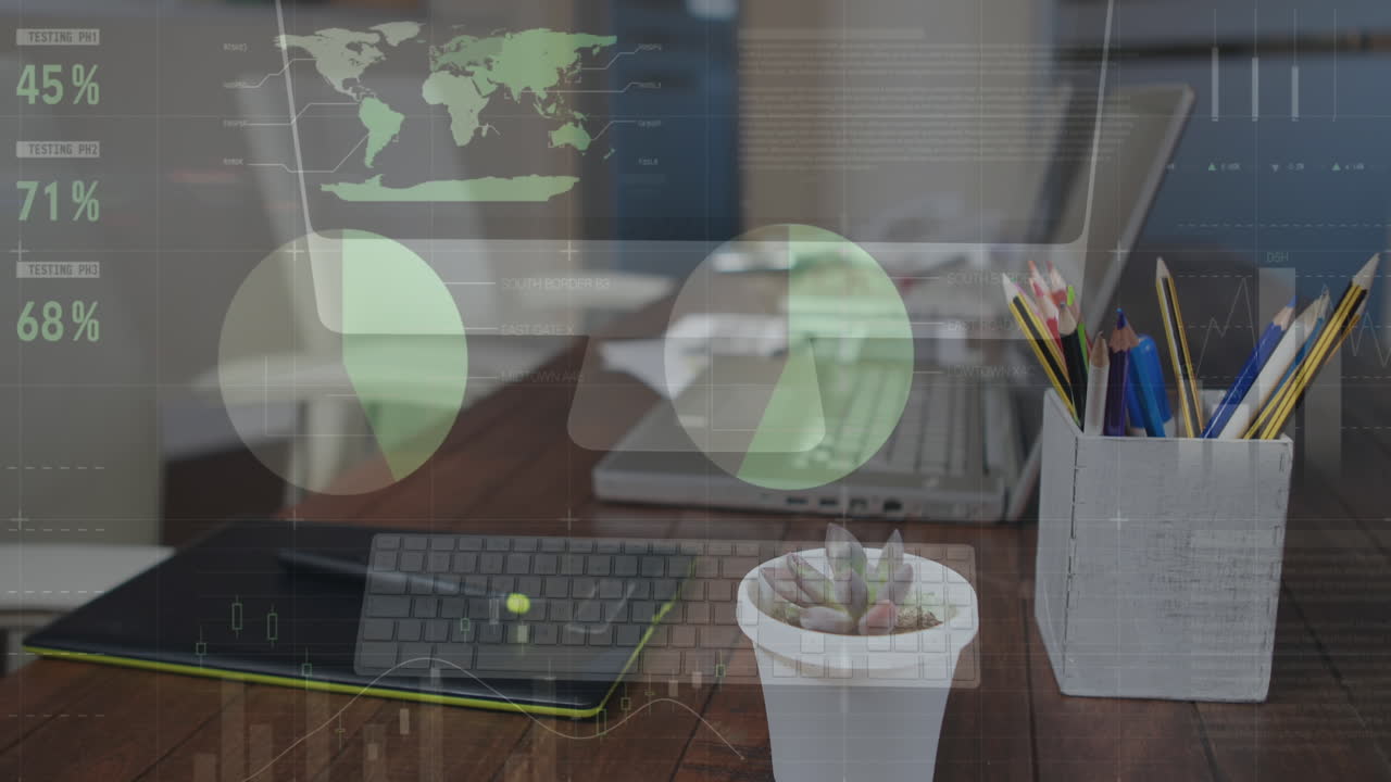 анимация обработки статистических данных против оборудования на офисном столе