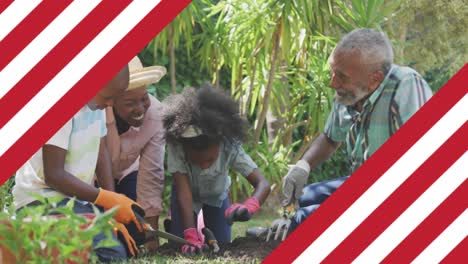 Animación-De-La-Bandera-Americana-Sobre-Una-Familia-Sonriente-Trabajando-En-El-Jardín.