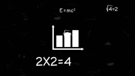 animación de ecuaciones matemáticas y icono de diagrama en fondo negro