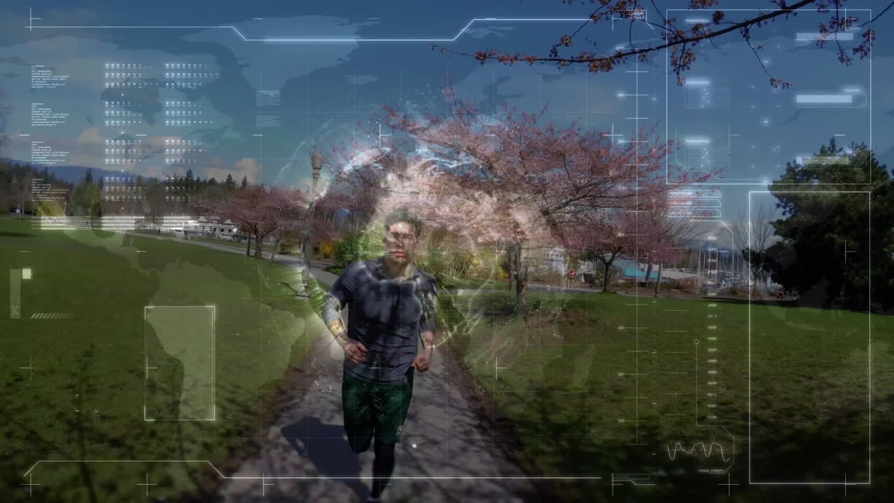 Animazione di schermo digitale ed elaborazione dati su uomo atletico che corre