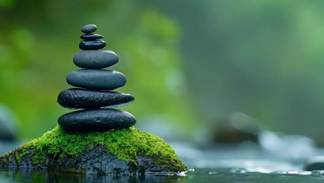 a stack of black stones sitting on top of a moss covered rock in the water