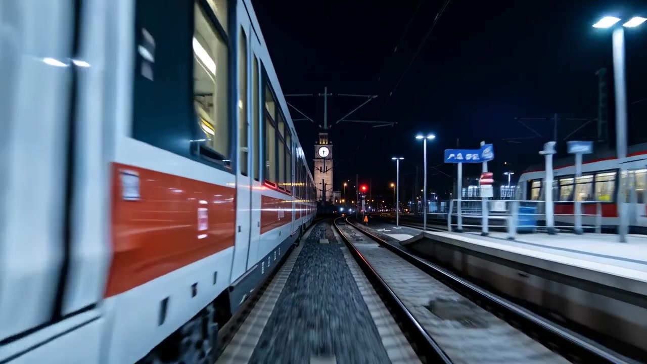 Departing on driver command, white train red stripe leaving night platform to lit clock tower
