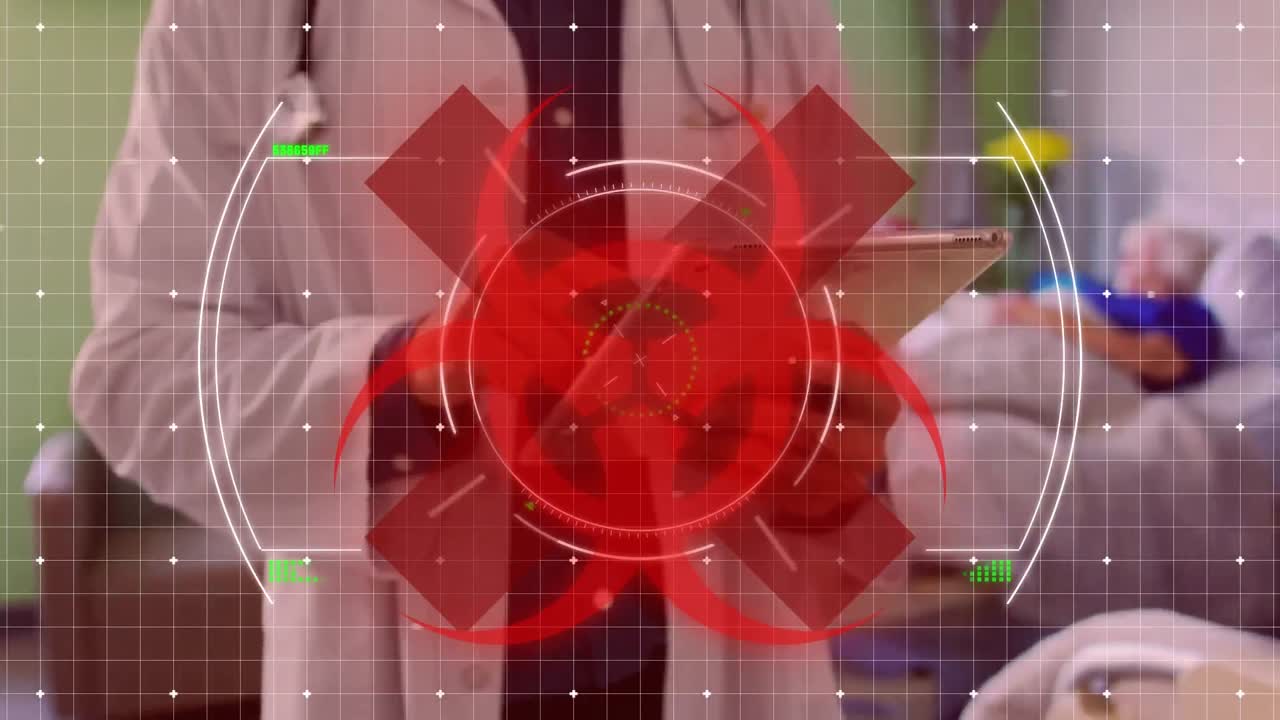 백그라운드에서 병원 방을 걸어가는 의사 위에 건강 위험 표지판이 있습니다. 코로나19가 퍼지고 있습니다.