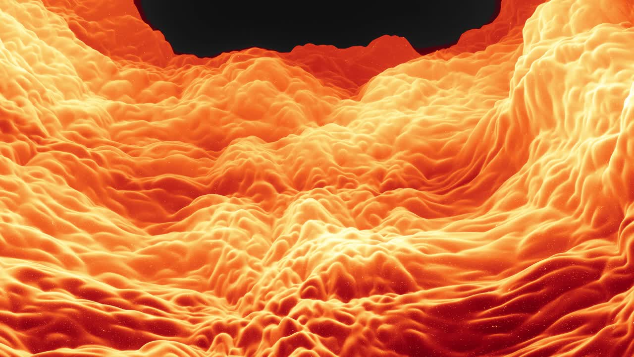 Beautiful abstract 3D surface with glitter sparkles, abstract 3d waves run on surface in loop. Red orange gradient, soft matte material with light inner glow. Smoothly 4k animation