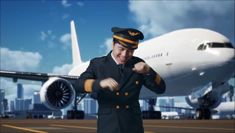 asian man pilot dancing and celebrating while standing in airfield with airplane on background