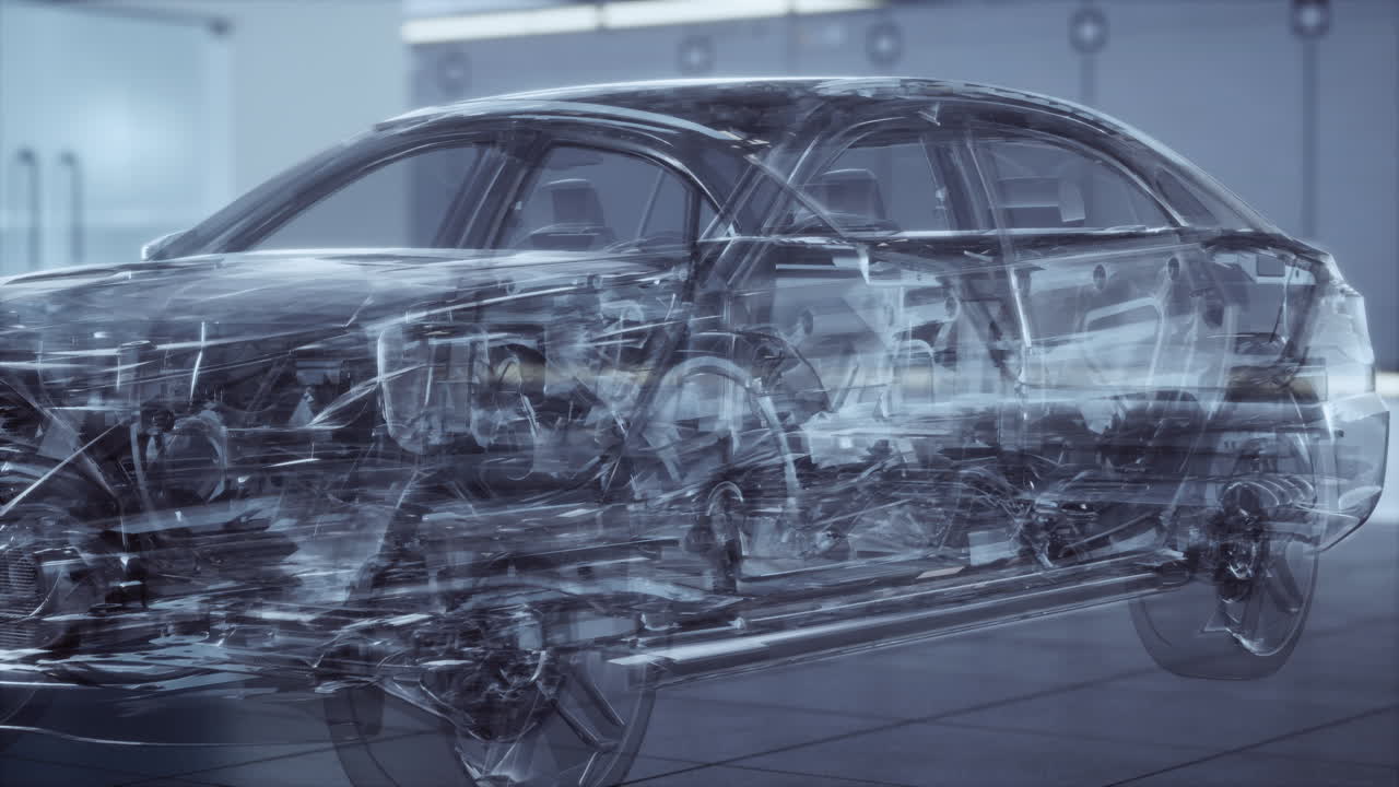 실험실에서 엔진이 있는 투명한 자동차