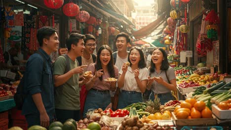 a joyful gathering among friends enjoying fresh produce and snacks in a vibrant marketplace filled with colorful decorations and lively atmosphere