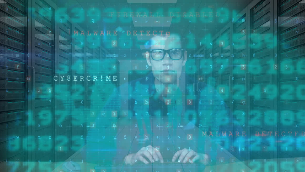 Animation of cyber attack warning and data processing over male hacker and computer servers