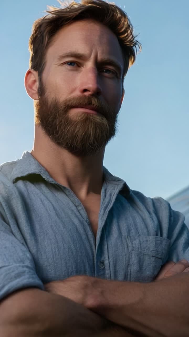 A Confident Man Stands Against the Sky, Sporting a Full Beard and Stylish Hair, Exuding Charisma and Strength with His Crossed Arms and Relaxed Posture, Capturing a Moment of Poise and Self-Assurance