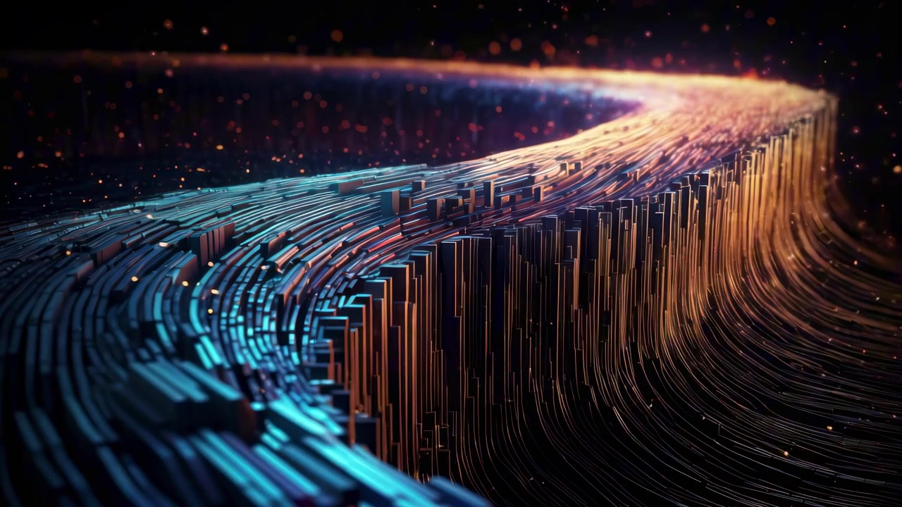 Abstract Digital Data Flow with Glowing Particles and Geometric Structures