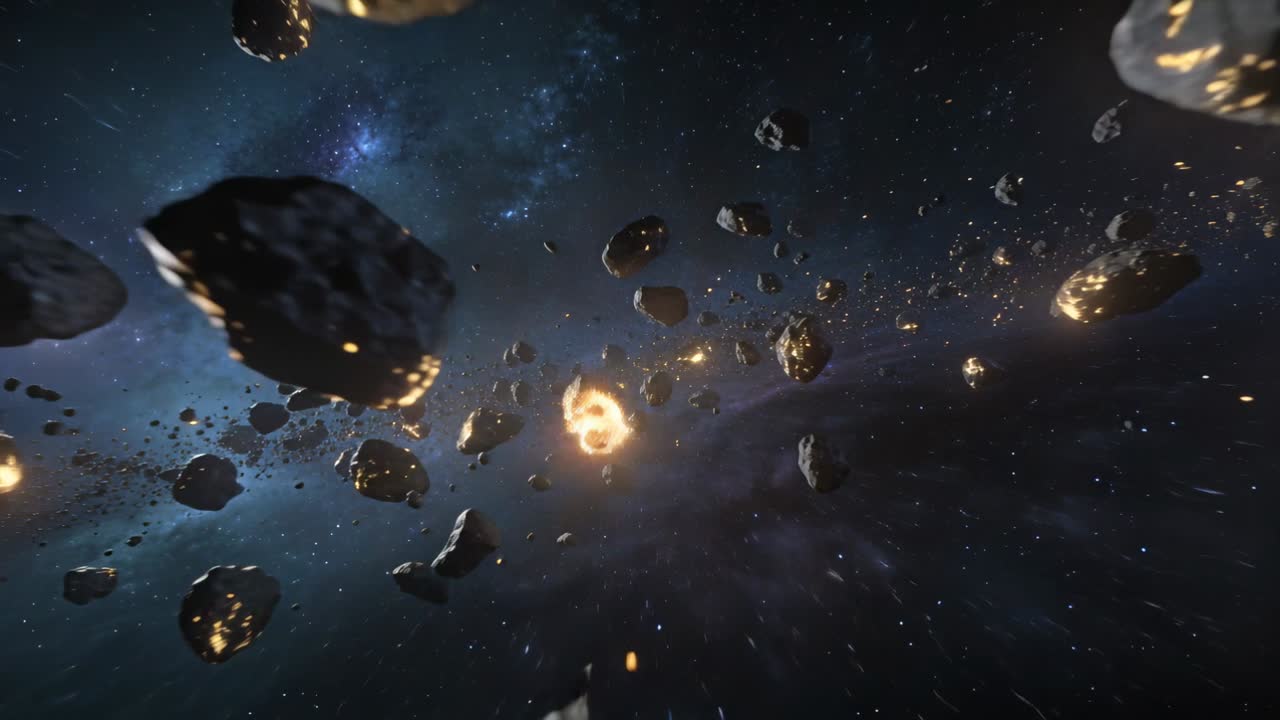 Video verticale: Telecamera che vola attraverso un campo di detriti mostrando vene fuse, una stella e una nebulosa per demo tecnologica.