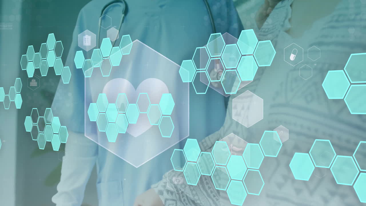 다양한 여성 의사와 환자에 대한 요소 다이어그램과 건강 아이콘의 애니메이션