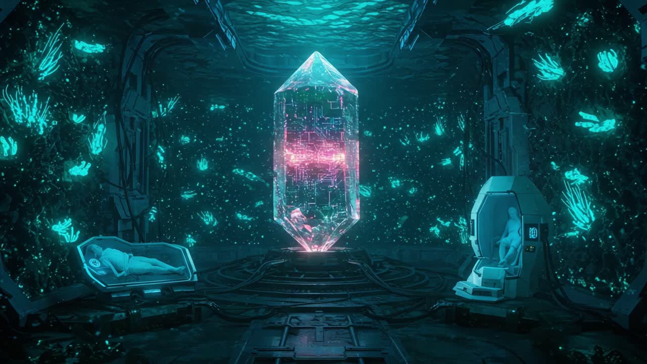 A Stunning Visualization of a High-Tech Crystal Chamber with Bio-Pod and Futuristic Lighting, Showcasing the Wonders of Sci-Fi Aesthetics and Advanced Technology