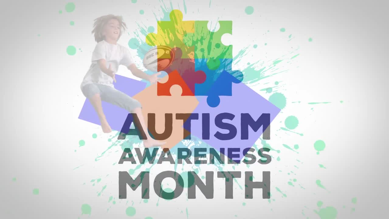 Testo "Mese della Consapevolezza sull'Autismo" e un puzzle che forma un quadrato su bambini che giocano