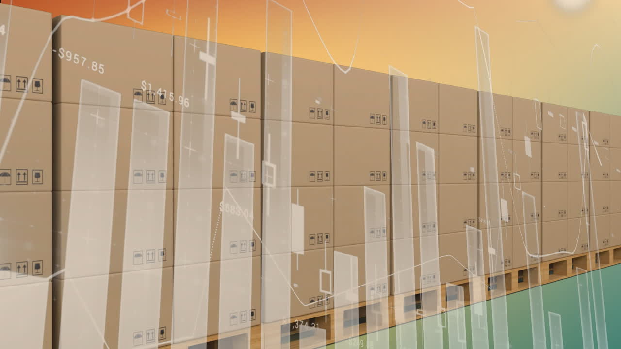 animación del procesamiento de datos financieros en cajas de cartón.