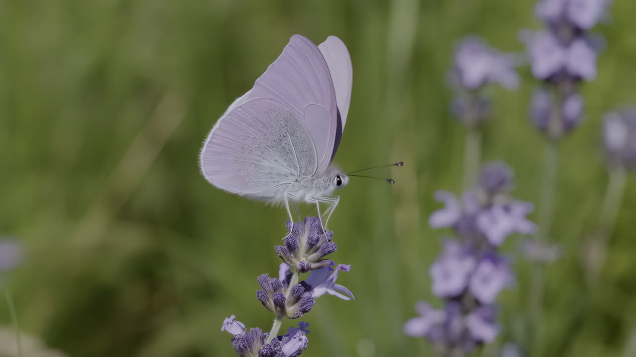 A white butterfly perching on a purple lavender flower