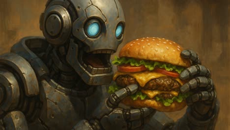 in a vibrant digital illustration, a robot with expressive blue eyes excitedly holds a large hamburger filled with fresh lettuce, ripe tomatoes, and melted cheese. the background features a simplistic, textured design that enhances the playful atmosphere. this imaginative scene blends technology and