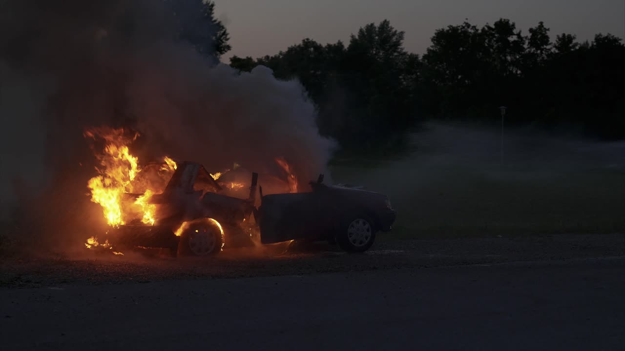 Burning car in the evening hours is extinguished with water from the right - enormous smoke development