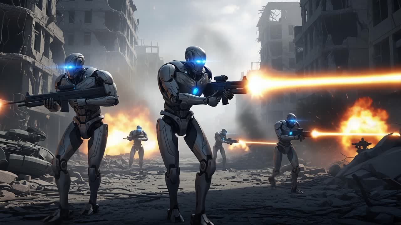 Un escuadrón de robots futuristas librando un combate en un paisaje urbano devastado, exhibiendo armamento avanzado y acción explosiva en un entorno distópico