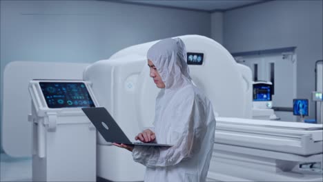 asian male scientist typing on a laptop with mri machine in the hospital