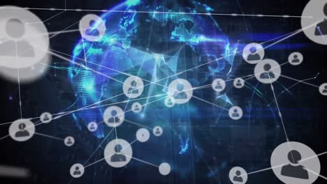 animation of network of profile icons, spinning globe of plexus networks against city traffic