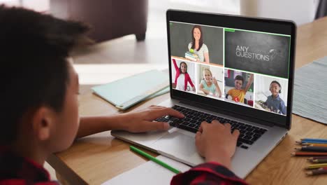 Schoolboy-using-laptop-for-online-lesson-at-home,-with-diverse-teacher-and-class-on-screen