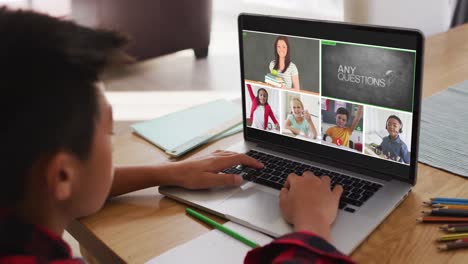 escolar que usa una computadora portátil para una lección en línea en casa, con un maestro y una clase diversos en la pantalla