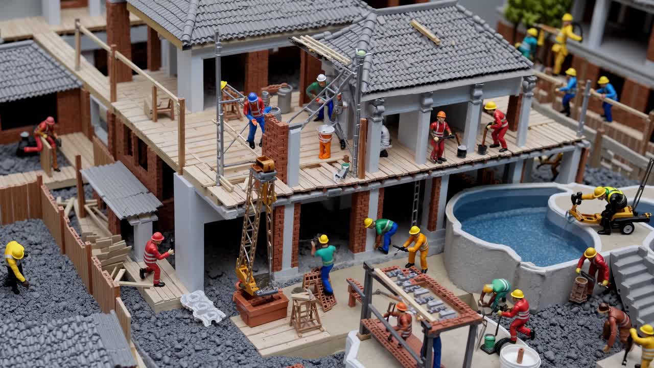 Miniature construction workers are busy building a house with a swimming pool. Showcasing the different stages of construction and the various tasks involved in bringing a residential project to life