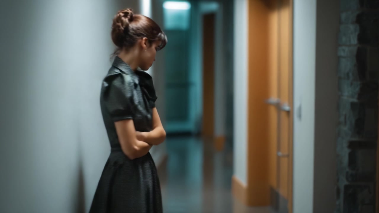 A Melancholic Woman in a Dimly Lit Corridor Captured in Two Frames: From Contemplation to Departure, Exploring Emotions in a Lonely Space