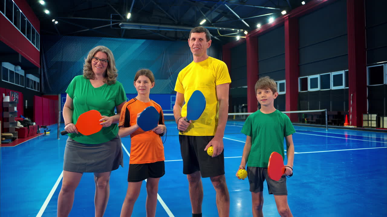 Two adults and two children posing after playing pickleball on a blue, inside court