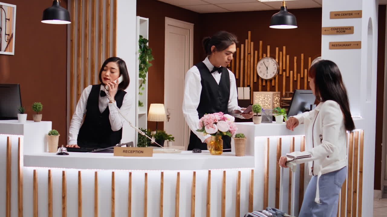 empleado mirando la información del pasaporte para la identificación del huésped