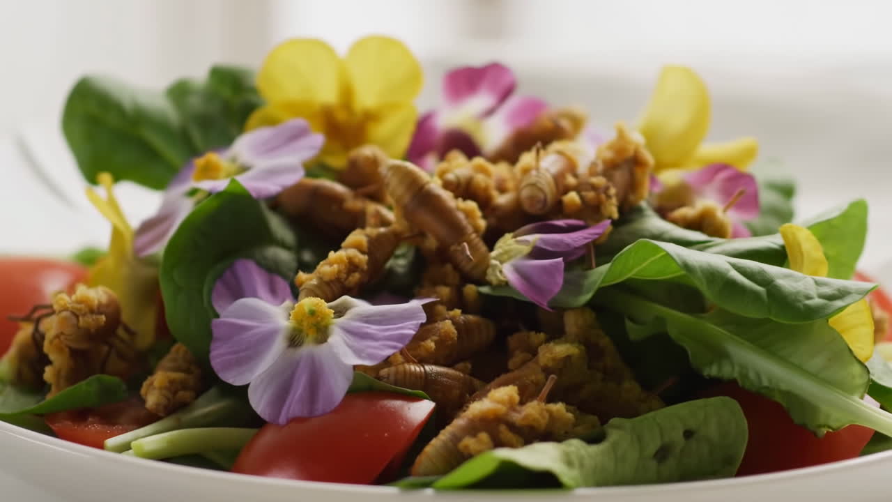 Nærbillede af spinatsalat med spiselige blomster, ristede valnøddeklumper og tomatbåde, levende lilla farver.