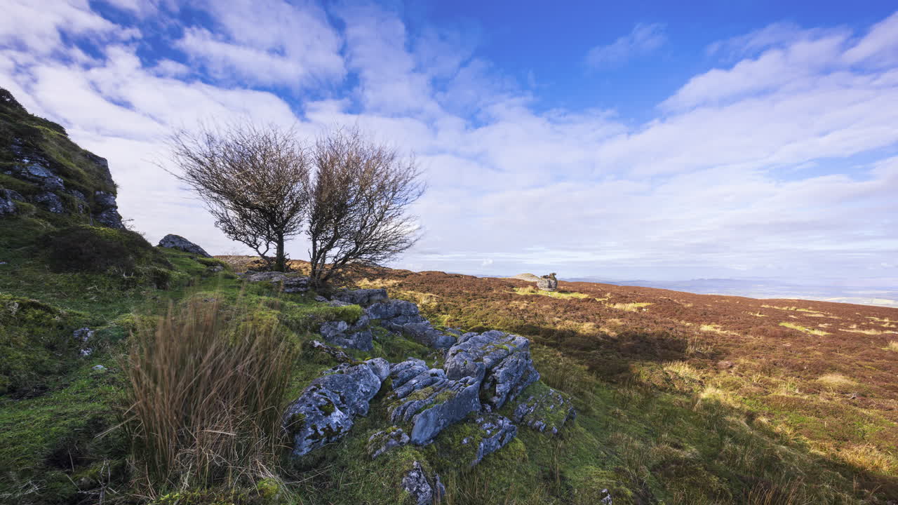 Timelapse af et landligt landskab med træer og klipper i forgrunden, græs, mose og bakker i det fjerne under en skyet solskinsdag set fra Carrowkeel i county Sligo i Irland