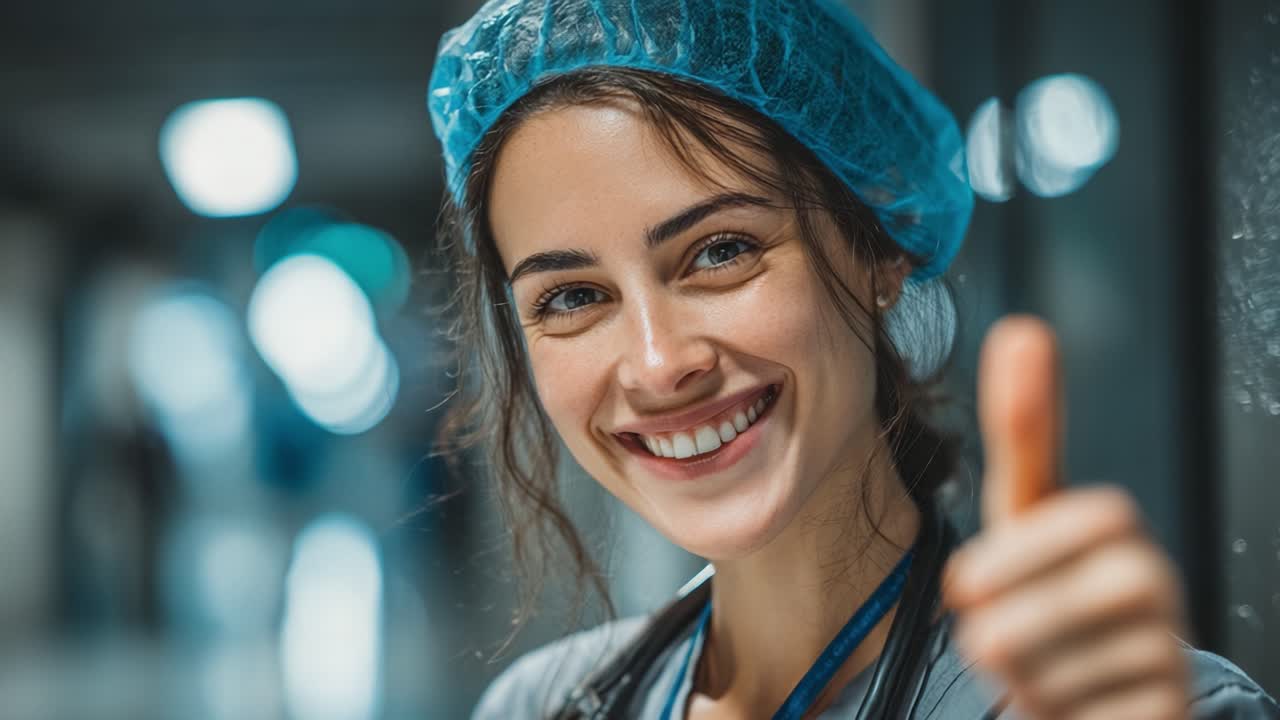 A cheerful healthcare professional gives a thumbs-up in a hospital corridor, showcasing a positive attitude and professionalism amidst a busy medical environment