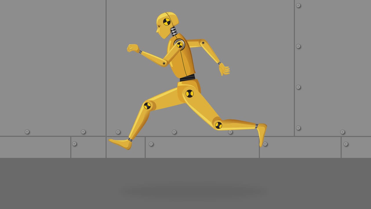secuencia animada de un maniquí robot corriendo.