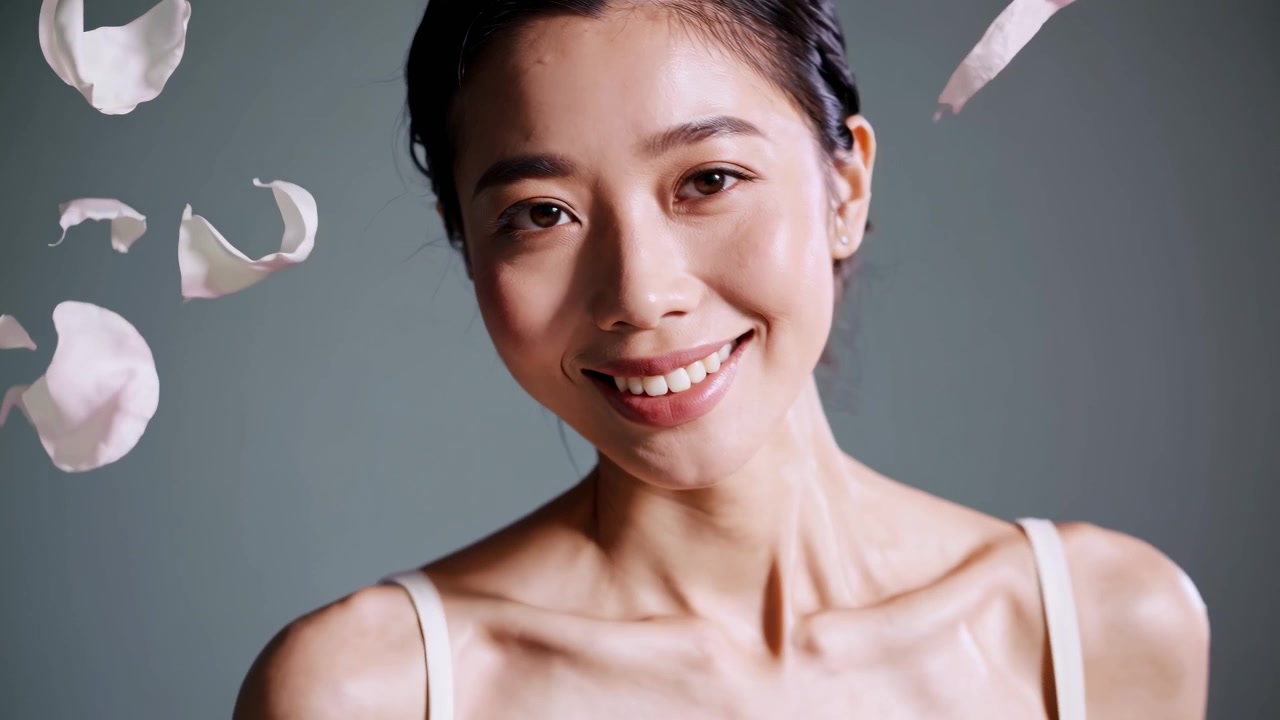 舞い落ちるバラの花びらと微笑むアジア人女性