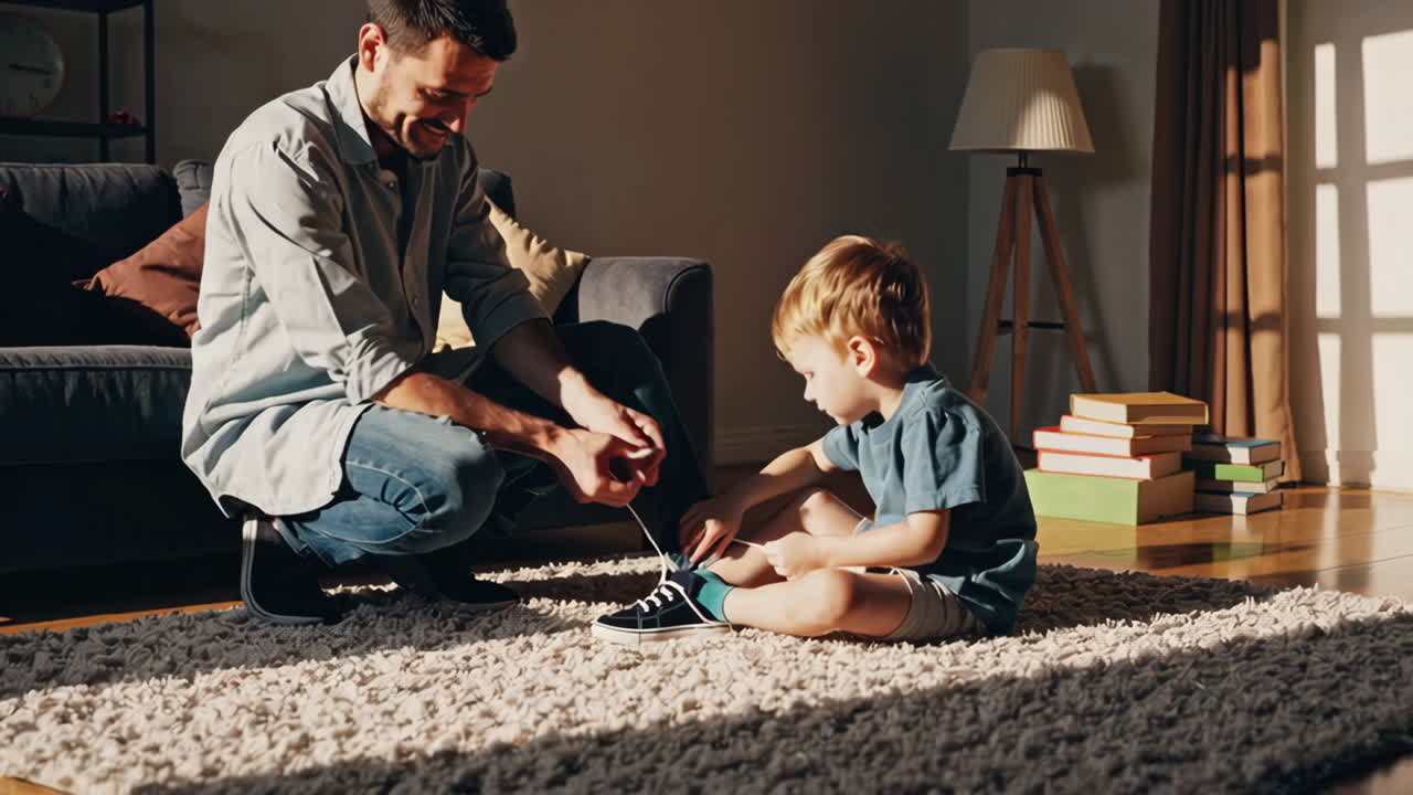 Father Helping Son Tie Shoelaces