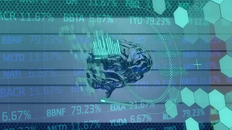 animación de diagramas de elementos, escáner circular y cerebro sobre el procesamiento de datos