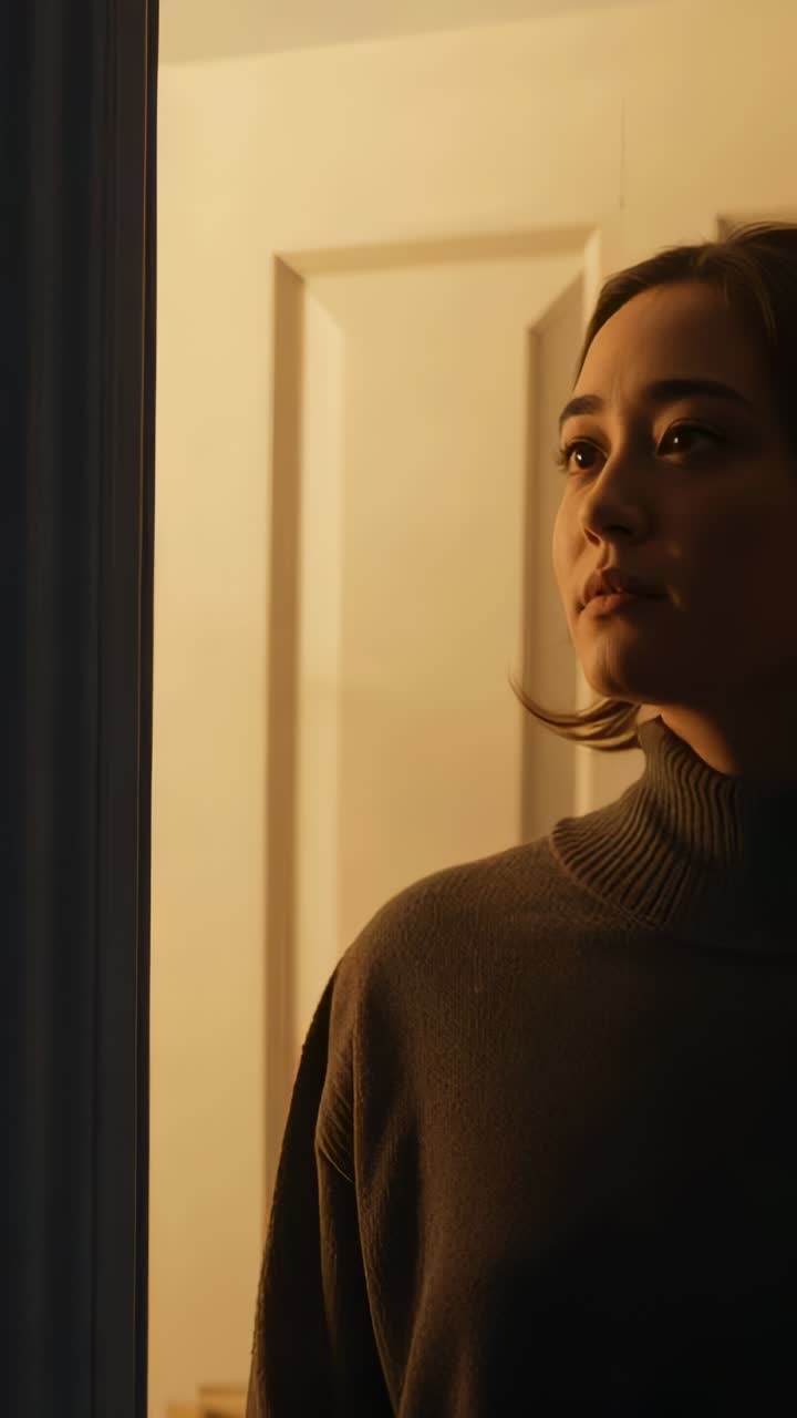 Vertical video: Standing Asian woman closing eyes, bowing at door in dark turtleneck, warm light