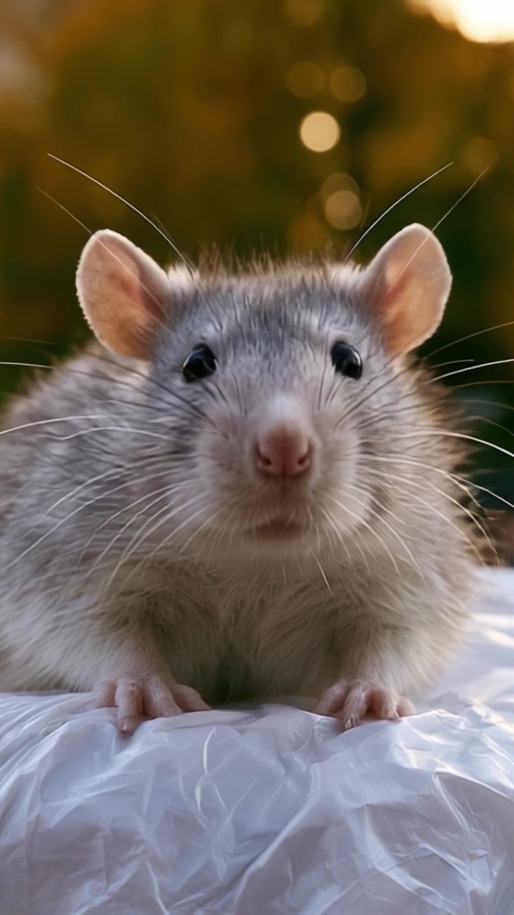 Una vetrina affascinante di un roditore: primi piani e scatti d'azione di un ratto grigio che esplora l'ambiente circostante in un contesto esterno illuminato dal sole.