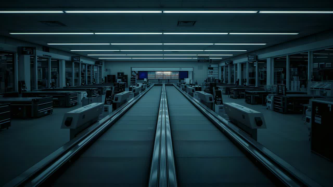 Tracking camera centering on central checkout conveyors, revealing empty retail bay to show layout