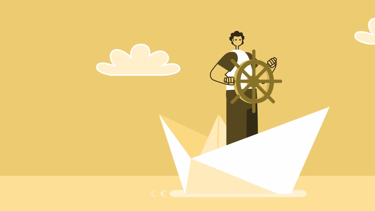 노란색 스타일의 남자 평평한 캐릭터는 종이 배에 떠 있습니다. 알파 채널과 함께 고립된 루프 애니메이션