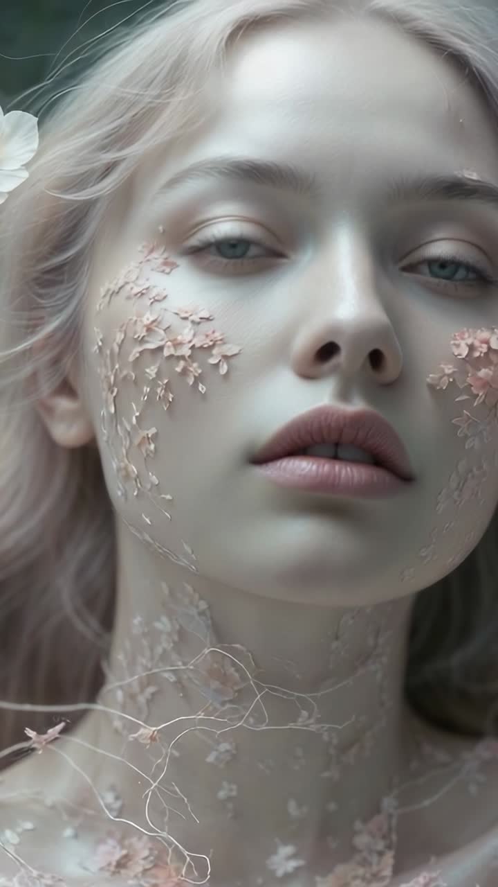 Vertical video: Focusing camera on model opening eyes in forest glade, with pastel petals