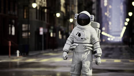 astronaut exploring urban environment at night with streetlights glowing