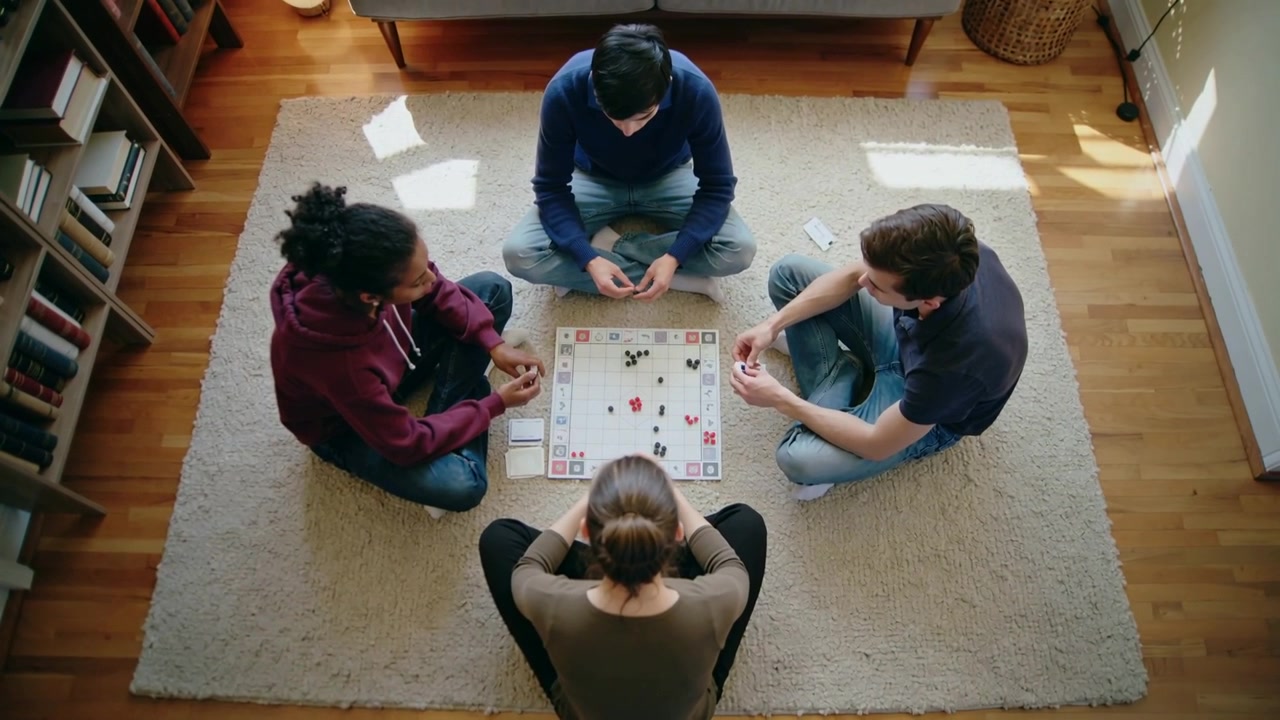 Een groep leunt voorover, sorteert kaarten en plaatst om de beurt fiches op een bordspel in de woonkamer.