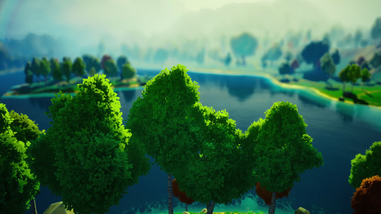 Lush green trees overlooking serene lake at dawn with mist rising