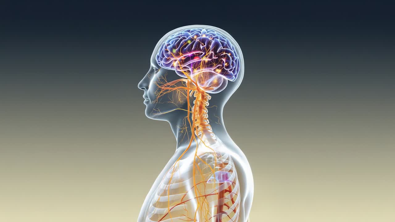 Animation starting transparent torso model rotating left revealing glowing brain and cervical spine