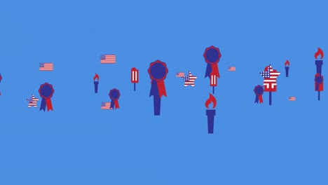 Animation-Amerikanischer-Flaggen-Und-Symbole-Zum-Unabhängigkeitstag,-Die-Sich-über-Blauem-Hintergrund-Bewegen