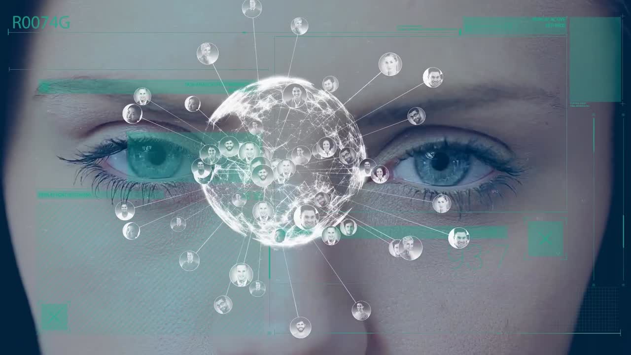 백인 여성의 얼굴 위에 지구와 연결의 애니메이션